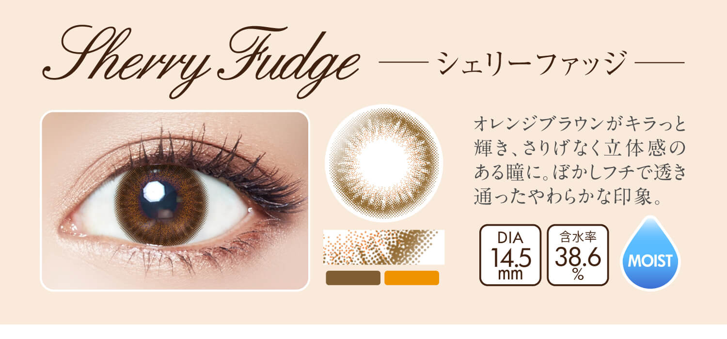 沢尻エリカイメージモデルカラコン Ever Color 1day MOIST LABEL -エバーカラーワンデーモイストレーベル|Sherry Fudge -シェリーファッジ:オレンジブラウンがキラっと輝き、さりげなく立体感のある瞳に。ぼかしフチで透き通ったやわらかな印象。DIA14.5mm/含水率38.6%/MOIST