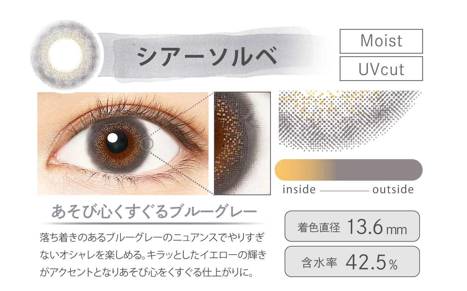 Ever Color 1day MOIST LABEL -エバーカラーワンデーモイストレーベル|シアーソルベ Moist UVcut あそび心くすぐるブルーグレー 落ち着きのあるブルーグレーのニュアンスでやりすぎないオシャレを楽しめる。キラッとしたイエローの輝きがアクセントとなりあそび心をくすぐる仕上がりに。 inside outside 着色直径13.6mm 含水率425.%