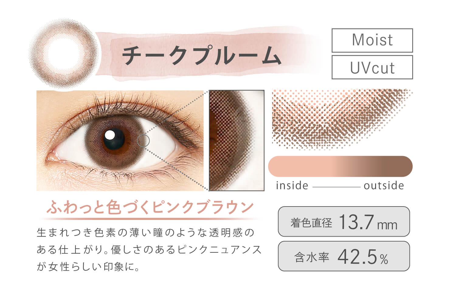 Ever Color 1day MOIST LABEL -エバーカラーワンデーモイストレーベル|チークプルーム Moist UVcut ふわっと色づくピンクブラウン 生まれつき色素の薄い瞳のような透明感のある仕上がり。優しさのあるピンクニュアンスが女性らしい印象に。 inside outside 着色直径13.7mm 含水率42.5%