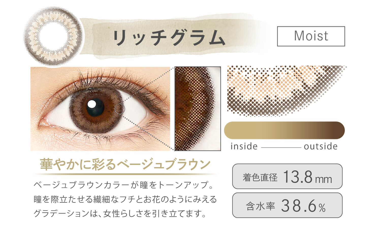 Ever Color 1day MOIST LABEL -エバーカラーワンデーモイストレーベル|リッチグラム Moist 華やかに彩るベージュブラウン ベージュブラウンカラーが瞳をトーンアップ。瞳を際立たせる繊細なフチとお花のようにみえるグラデーションは、女性らしさを引き立てます。 inside outside 着色直径13.8mm 含水率38.6%
