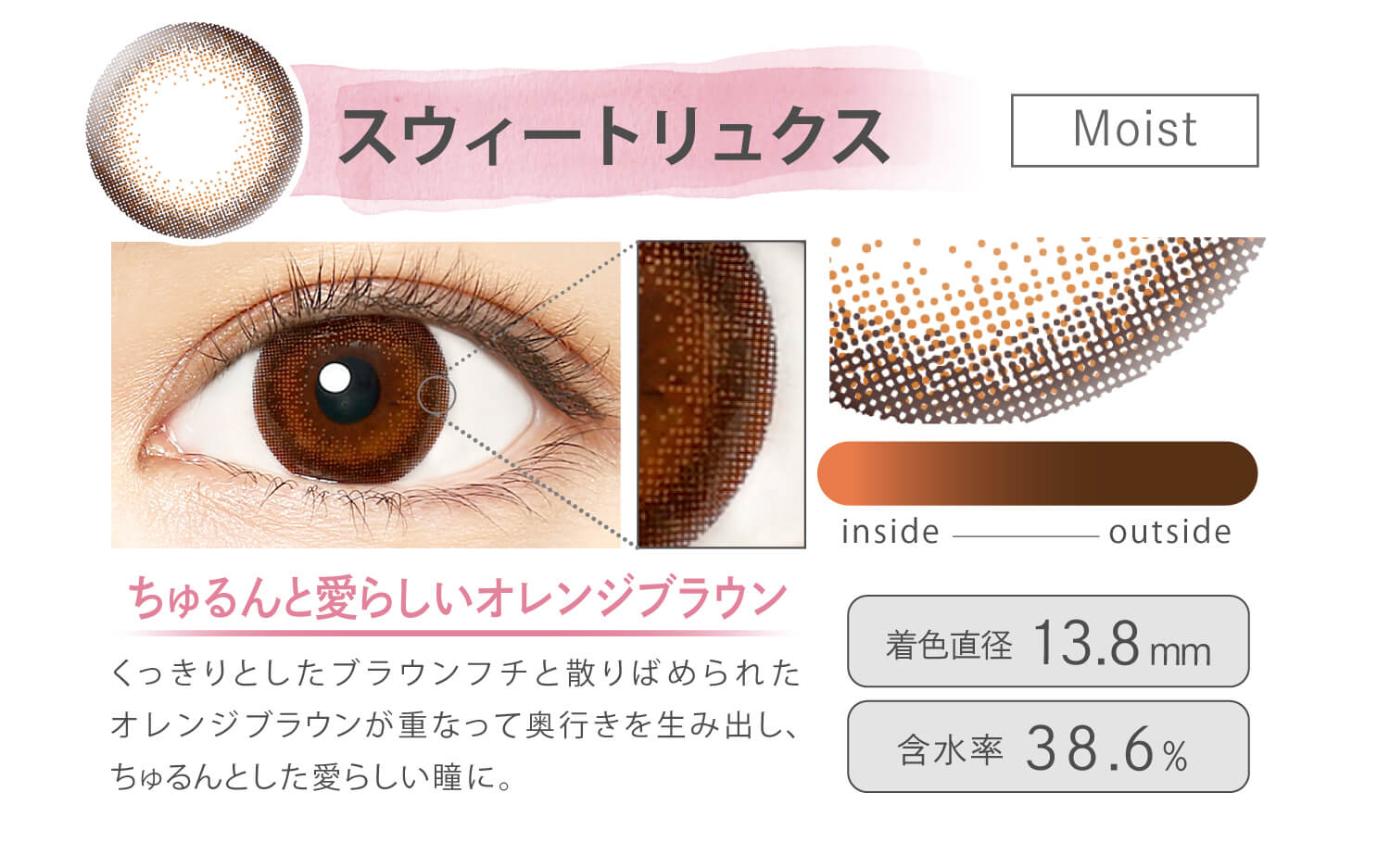 Ever Color 1day MOIST LABEL -エバーカラーワンデーモイストレーベル|スウィートリュクス Moist ちゅるんと愛らしいオレンジブラウン くっきりとしたブラウンフチと散りばめられたオレンジブラウンが重なって奥行きを生み出し、ちゅるんとした愛らしい瞳に。 inside outside 着色直径13.8mm 含水率38.6%