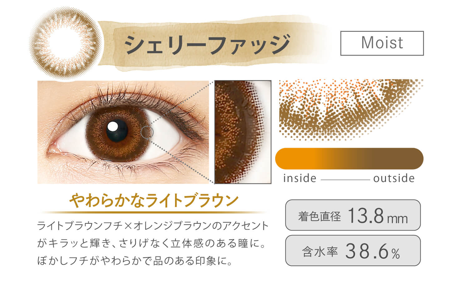 Ever Color 1day MOIST LABEL -エバーカラーワンデーモイストレーベル|シェリーファッジ Moist やわらかなライトブラウン ライトブラウンフチ×オレンジブラウンのアクセントがキラッと輝き、さりげなく立体感のある瞳に。ぼかしフチがやわらかで品のある印象に。 inside outside 着色直径13.8mm 含水率38.6%