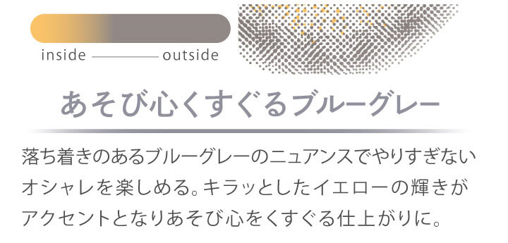 カラコン Ever Color 1day MOIST LABEL -エバーカラーワンデーモイストレーベル|あそび心くすぐるブルーグレー 落ち着きのあるブルーグレーのニュアンスでやりすぎないオシャレを楽しめる。キラッとしたイエローの輝きがアクセントとなりあそび心をくすぐる仕上がりに。 inside outside