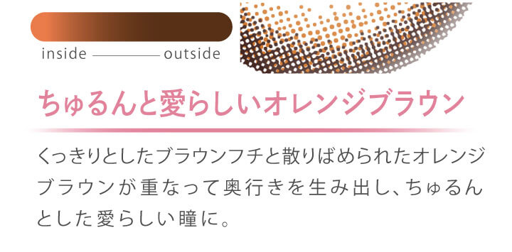 カラコン Ever Color 1day MOIST LABEL -エバーカラーワンデーモイストレーベル|ちゅるんと愛らしいオレンジブラウン くっきりとしたブラウンフチと散りばめられたオレンジブラウンが重なって奥行きを生み出し、ちゅるんとした愛らしい瞳に。 inside outside