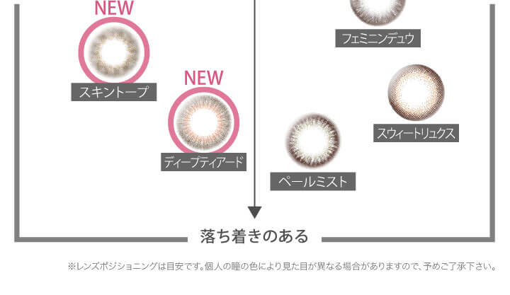 カラコン Ever Color 1day MOIST LABEL -エバーカラーワンデーモイストレーベル|NEWスキントープ NEWディープティアード ペールミスト フェミニンデュウ スウィートリュクス 落ち着きのある↓ ※レンズポジショニングは目安です。個人の瞳の色により見た目が異なる場合がありますので、予めご了承下さい。