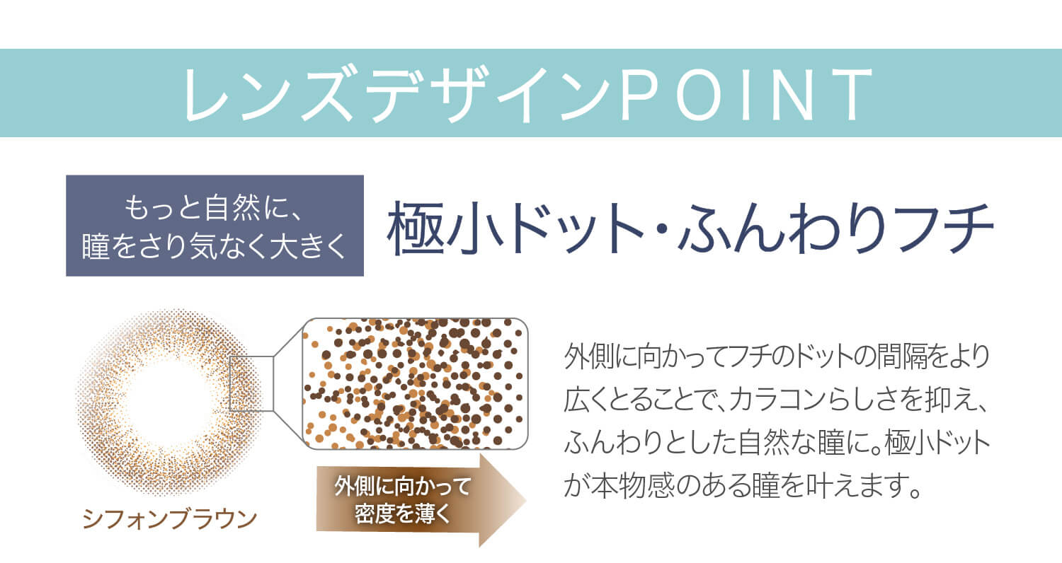 安斉かれんイメージモデルカラコン EverColor1day Natural MOIST LABEL UV -エバーカラーワンデーナチュラル モイストレーベルUV|レンズデザインPOINT もっと自然に、瞳をさり気なく大きく 極小ドット・ふんわりフチ 外側に向かってフチのドットの感覚をより広く取ることで、カラコンらしさを抑え、ふんわりとした自然な瞳に。極小ドットが本物間のある瞳を叶えます。シフォンブラウン 外側に向かって密度を薄く