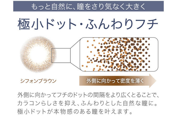 安斉かれんイメージモデルカラコン EverColor1day Natural MOIST LABEL UV -エバーカラーワンデーナチュラル モイストレーベルUV|もっと自然に、瞳をさり気なく大きく 極小ドット・ふんわりフチ 外側に向かってフチのドットの感覚をより広く取ることで、カラコンらしさを抑え、ふんわりとした自然な瞳に。極小ドットが本物間のある瞳を叶えます。シフォンブラウン 外側に向かって密度を薄く