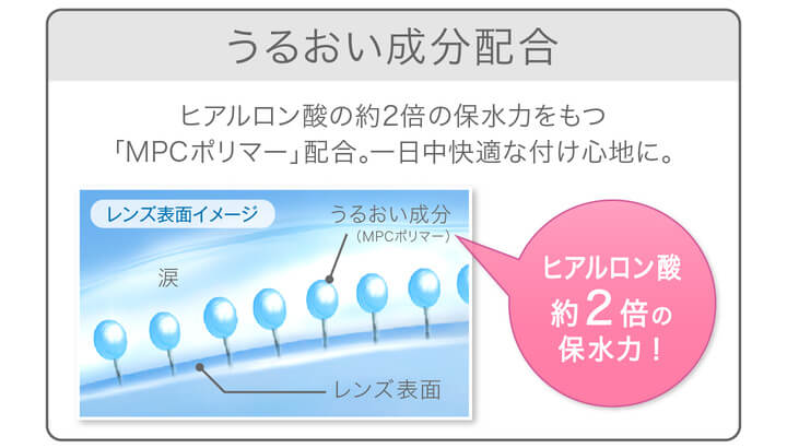 安斉かれんイメージモデルカラコン EverColor1day Natural MOIST LABEL UV -エバーカラーワンデーナチュラル モイストレーベルUV|うるおい成分 うるおい続く、快適なつけ心地 うるおい成分「MPCポリマー」配合。やさしくレンズを包み込み、うるおいヴェールの役割に。