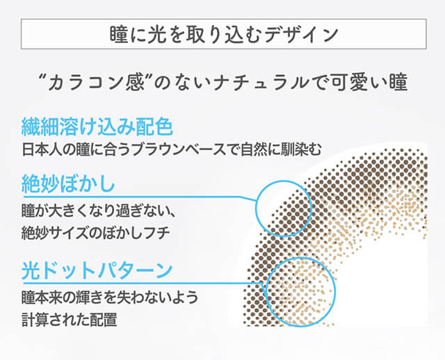 内田理央イメージモデル EYEDDiCT -アイディクト|瞳に光を取り込むデザイン ”カラコン感”のないナチュラルで可愛い瞳 繊細溶け込み配色 日本人の瞳に合うブラウンベースで自然に馴染む 絶妙ぼかし 瞳が大きくなり過ぎない、絶妙サイズのぼかしフチ 光ドットパターン 瞳本来の輝きを失わないよう計算された配置