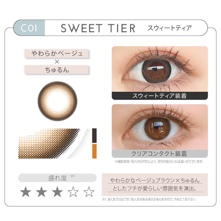 新木優子イメージモデル EYE GENIC by evercolor -アイジェニックバイエバーカラー | CO1 SWEET TIER スウィートティア やわらかベージュ × ちゅるん 盛れ度 やわらかなベージュブラウン×ちゅるんとしたフチが愛らしい雰囲気を演出。 クリアコンタクト装着 スウィートティア装着