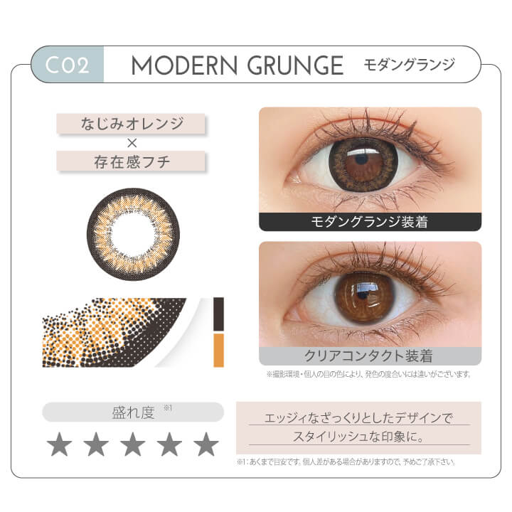 新木優子イメージモデル EYE GENIC by evercolor -アイジェニックバイエバーカラー | CO1 MODAN GRUNGE モダングランジ なじみオレンジ × 存在感フチ 盛れ度 エッジィなざっくりとしたデザインでスタイリッシュな印象に。 クリアコンタクト装着 モダングランジ装着