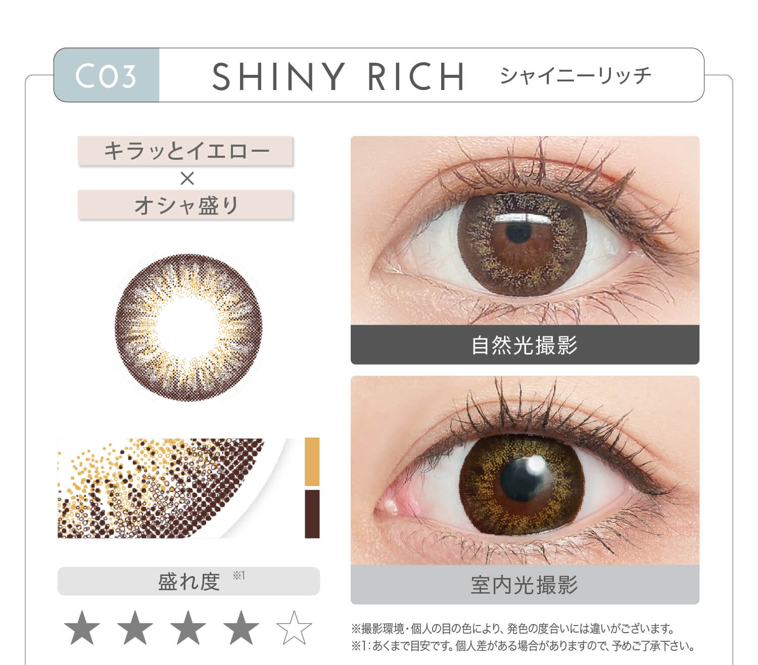 新木優子イメージモデル EYE GENIC by evercolor -アイジェニックバイエバーカラー |CO1 SHINY RICH シャイニーリッチ キラッとイエロー × オシャ盛り 盛れ度 自然光撮影 室内光撮影 ※撮影環境・個人の目の色により、発色の度合いには違いがございます。※1:あくまで目安です。個人差がある場合がありますので、予めご了承ください。