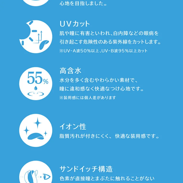 ブランドミューズ TWICE NAYEONカラコン eyestar|UVカット 肌や瞳に有害といわれ、白内 障 な ど の 眼病を 引き起こす危険性のある紫外線をカットします。 ※ UV-A波50%以上、UV-B波95%以上カット 高含 水 55% 水分を多く含むやわらかい素材で、 瞳に違和感なく快適なつけ心地です。 ※装用感には個人差があります イオン性 脂質汚れが付きにくく、快適な装用感です。 サンドイッチ構造