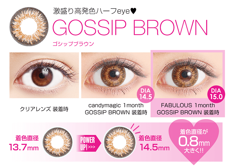 激盛り高発色ハーフeye!GOSSIP BROWN-ゴシップブラウン 着色直径 13.7mm POWER UP! >> 着色直径 14.5mm 0.8mm大きく!!