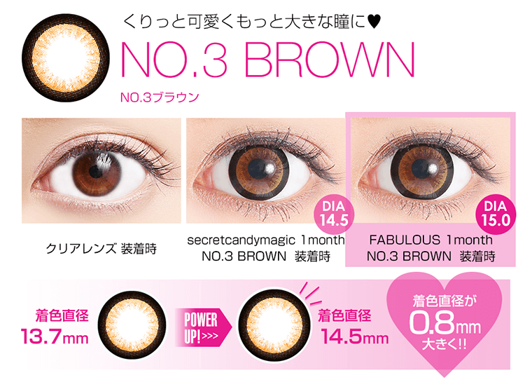 くりっと可愛くもっと大きな瞳に!NO.3 BROWN 着色直径 13.7mm POWER UP! >> 着色直径 14.5mm 0.8mm大きく!!