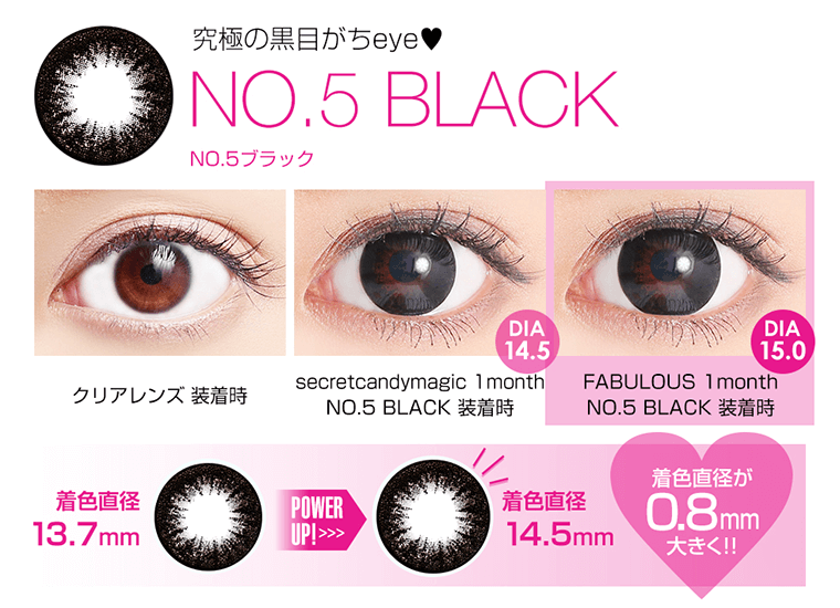 究極の黒目がちeye!NO.5 BLACK 着色直径 13.7mm POWER UP! >> 着色直径 14.5mm 0.8mm大きく!!