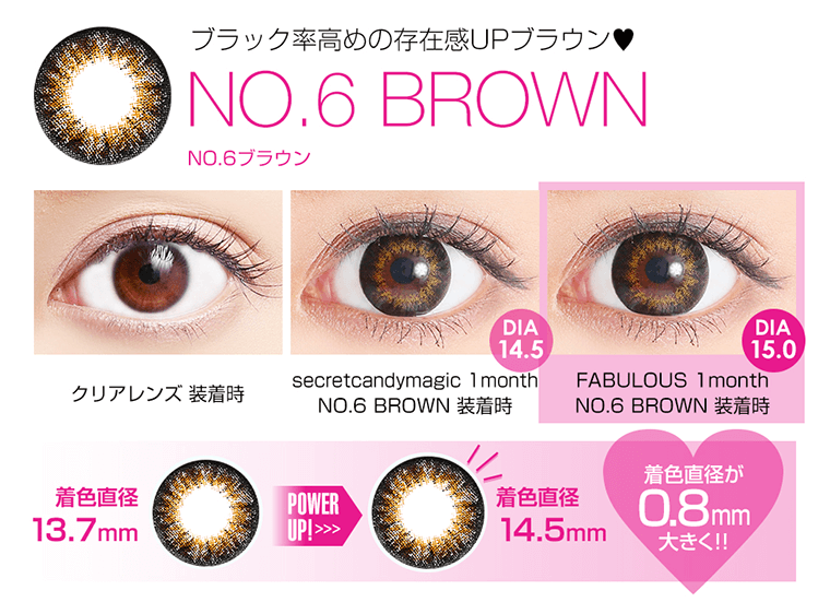 ブラック率高めの存在感UPブラウン!NO.6 BROWN 着色直径 13.7mm POWER UP! >> 着色直径 14.5mm 0.8mm大きく!!