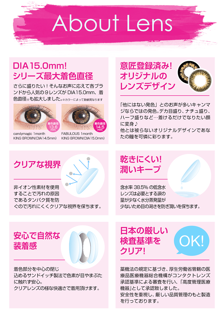 About Lens DIA 15.0mm! シリーズ最大着色直径 さらに盛りたい!そんなお声に応えて各ブラ ンドから人気の9レンズがDIA15.0mm、着色直径も拡大しました。意匠登録済み!オリジナルのレンズデザイン 「他にはない発色」とのお声が多いキャンマジならではの発色。デカ目盛り、ナチュ盛り、ハーフ盛りなど...着けるだけでなりたい顔に変身♪他とは被らないオリジナルデザインであなたの瞳を可憐に彩ります。クリアな視界 非イオン性素材を使用することで汚れの原因であるタンパク質を防ぐので汚れにくくクリアな視界を保ちます。乾きにくい!潤いキープ 含水率38.5%の低含水レンズは必要とする涙の量が少なく水分蒸発量が少ないため目の渇きを防ぎ潤いを保ちます。安心で自然な装着感 着色部分を中心の閉じ込めるサンドイッチ製法で色素が目やまぶたに触れず安心。クリアレンズの様な快適さで着用頂けます。日本の厳しい検査基準をクリア 薬機法の規定に基づき、厚生労働省管轄の医療品医療機器総合機構がコンタクトレンズ承認基準による審査を行い、「高度管理医療機器」として承認致しました。 安全性を重視し、厳しい品質管理のもと製造 を行っております。