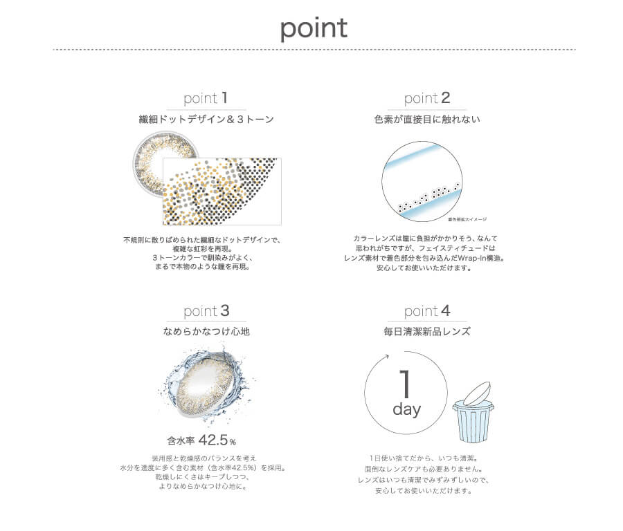 point point1 繊細ドットデザイン&3トーン 不規則に散りばめられた繊細なドットデザインで、複雑な虹彩を再現。3トーンカラーで馴染みがよく、まるで本物のような瞳を再現。 point2 色素が直接目に触れない カラーレンズは瞳に負荷がかかりそう、なんて思われがちですが、フェイスティチュードは、レンズ素材で着色部分を包み込んだWrap-in構造。安心してお使いいただけます。 point3 なめらかなつけ心地 含水率42.6% 装用感と乾燥量のバランスを考え水分を多く含む素材(含水率42.5%)を採用。乾燥しにくさはキープしつつ、よりなめらかな付け心地に。 point4 毎日清潔レンズ 1day 1日使い捨てだから、いつも清潔。面倒なレンズケアも必要ありません。レンズはいつも清潔でみずみずしいので、安心してお使いいただけます。