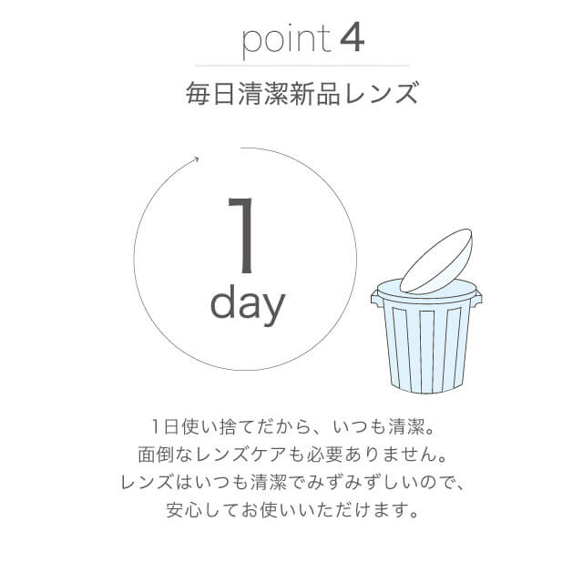 山本舞香イメージモデルカラコン FaceTitude -フェイスティチュード|point4:毎日清潔新品レンズ 1day 1日使い捨てだから、いつも清潔。面倒なレンズケアも必要ありません。レンズはいつも清潔でみずみずしいので、安心してお使いいただけます。