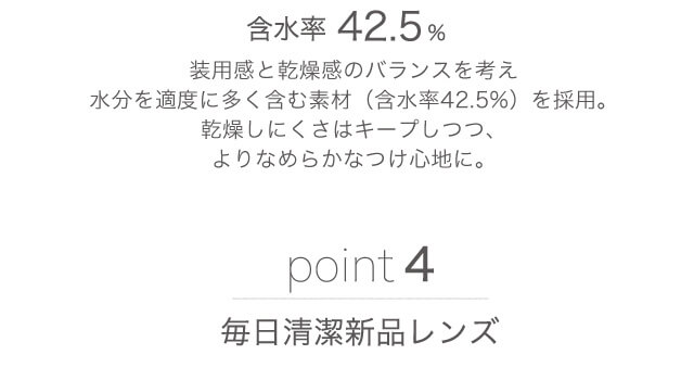 含水率42.6% 装用感と乾燥量のバランスを考え水分を多く含む素材(含水率42.5%)を採用。乾燥しにくさはキープしつつ、よりなめらかな付け心地に。 point4 毎日清潔レンズ