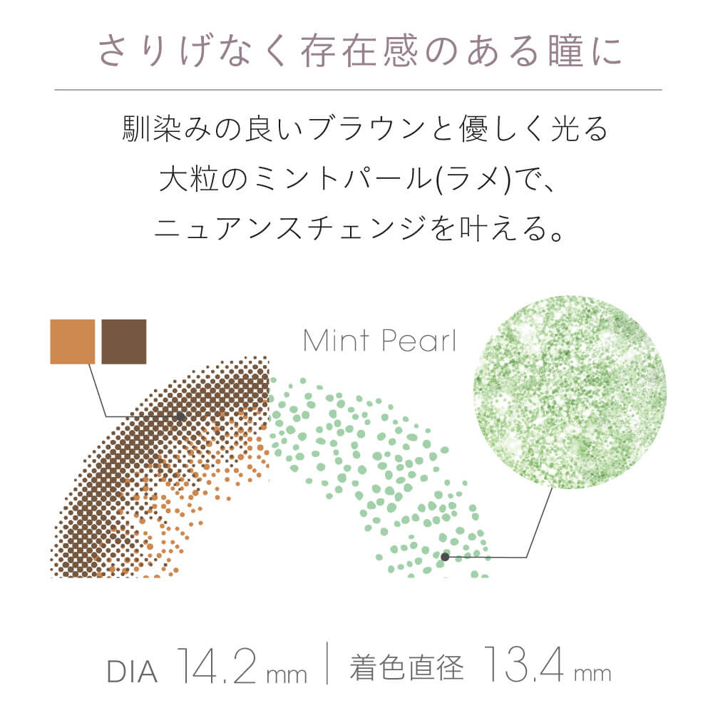 小嶋陽菜(こじはる)イメージモデルカラコン【フェアリーワンデーシマーリング/FAIRY 1DAY Shimmering】|さりげなく存在感のある瞳に。馴染みの良いブラウンと優しく光る大粒のミントパール(ラメ)で、ニュアンスチェンジを叶える。 mint Pearl DIA 14.2mm 着色直径 13.4mm