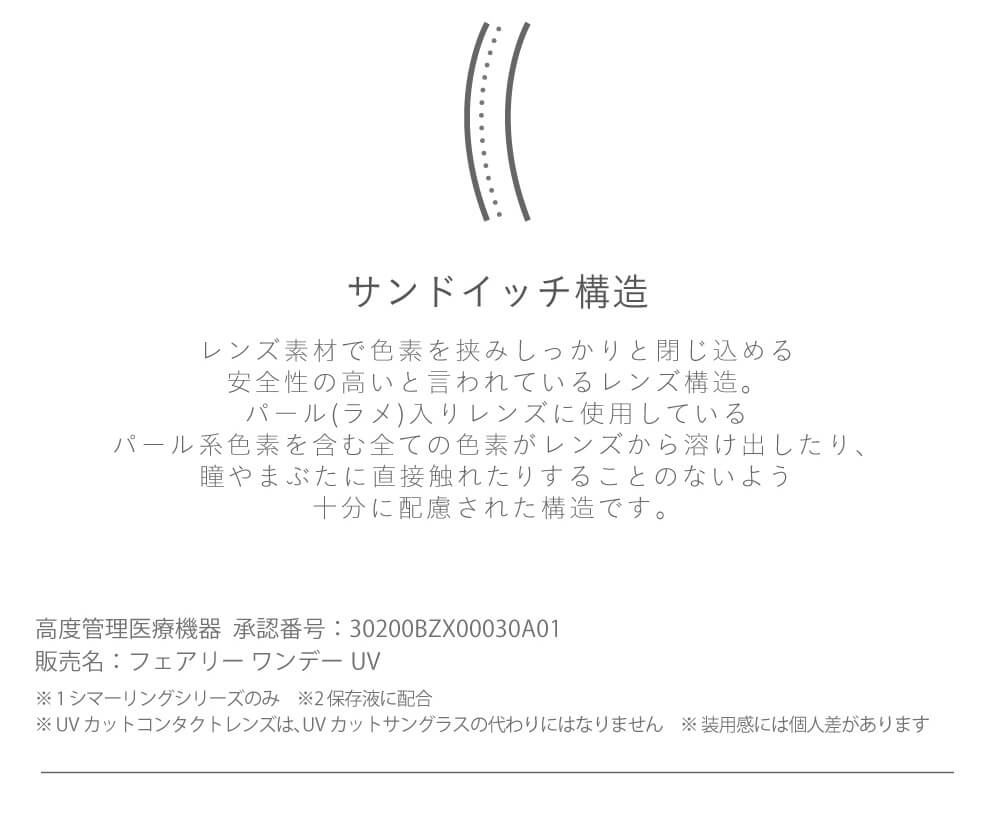小嶋陽菜(こじはる)イメージモデルカラコン【フェアリーワンデーシマーリング/FAIRY 1DAY Shimmering】|サンドイッチ構造 色素部分が角膜やまぶたに直接触れたり、色素が溶けだしたりしないように十分配慮した構造です。 高度管理医療機器承認番号:30200BZX00030A01 販売名:フェアリーワンデーUV ※1 シマーリングシリーズのみ ※2 保存液に配合 ※ UVカットコンタクトレンズは、UVカットサングラスの代わりにはなりません ※ 装用感には個人差があります