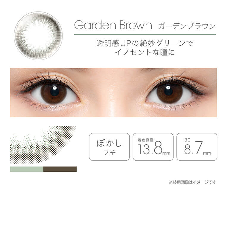 【フェアリーマンスリー／FAIRY Monthly】｜Garden Brown　ガーデンブラウン　透明感UPの絶妙グリーンでイノセントな瞳に　ぼかしフチ　着色直径13.8mm　BC 8.7mm ※　装用画像はイメージです
