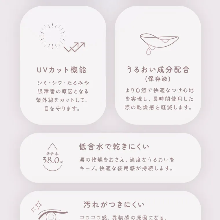 鈴木友菜イメージモデル FAIRY1month フェアリーワンマンス|UVカット機能 シミ・シワ・たるみや眼障害の原因となる紫外線をカットして、目を守ります。 うるおい成分配合 (保存液) より自然で快適なつけ心地を実現し、長時間使用した際の乾燥感を軽減します。 低含水 38.0% 低含水で乾きにくい 涙の乾燥をおさえ、適度なうるおいをキープ。 快適な装用感が持続します。 汚れがつきにくい ゴロゴロ感、異物感の原因になる、
