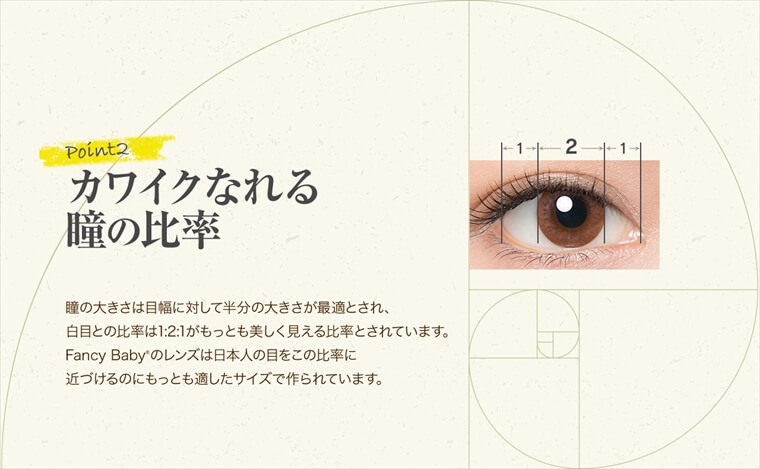 村田倫子・中田クルミ・瀬戸あゆみ・Unaイメージモデルカラコン Fancy Baby ファンシーベイビー|Point2 カワイクなれる瞳の比率 瞳の大きさは目幅に対して半分の大きさが最適とされ、白目との比率は1:2:1がもっとも美しく見える比率とされています。Fancy Babyのレンズは日本人の目をこの比率に近づけるのにもっとも適したサイズで作られています。