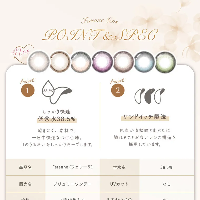 まりなイメージモデル【フェレーヌ／ferenne】｜POINT & SPEC POINT01 しっかり快適　低含水38.5% 乾きにくい素材で一日中快適なつけ心地。目のうるおいをしっかりキープします。POINT02 サンドイッチ製法　色素が直接瞳と瞼に触れることがないレンズ構造を採用しています。商品名 Ferenne（フェレーヌ） 含水率 38.5% 販売名 プリューリーワンデー UVカット なし 枚数 1箱10枚　うるおい成分　なし