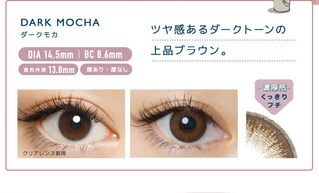佐々木希イメージモデルカラコン FLANMY -フランミー|DARK MOCHA -ダークモカ DIA 14.5mm | BC 8.6mm 着色外径13.8㎜ 度あり・度なし ツヤ感あるダークトーンの上品ブラウン。 クリアレンズ装用 -濃厚感-くっきりフチ