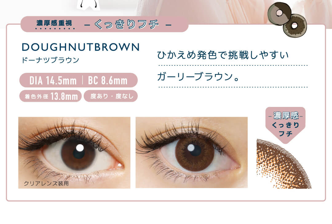 佐々木希イメージモデルカラコン FLANMY -フランミー|濃厚感中sい くっきりフチ DOUGHNUT BROWN -ドーナツブラウン DIA 14.5㎜ | BC 8.6mm 着色外径13.8㎜ 度あり・度なし ひかえめ発色で挑戦しやすいガーリーブラウン。 クリアレンズ装用 -濃厚感-くっきりフチ