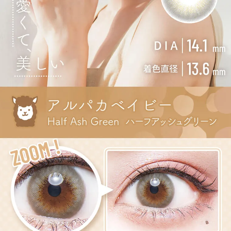明日花キラライメージモデル flurry フルーリー|甘くて、可愛くて、美しい DIA|14.1mm 着色直径|13.6mm
アルパカベイビー HalfAshGreen ハーフアッシュグリーン 色素薄い系、吸い込まれるようなニュアンスグリーン