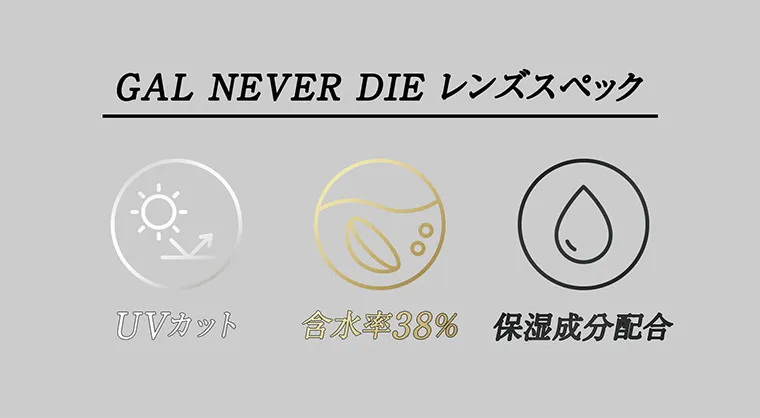 ちゃんみなイメージモデル｜gal_neverdie_1month -ギャルネバーダイマンスリー｜GAL NEVER DIE レンズスペック UVカット 含水率38% 保湿成分配合