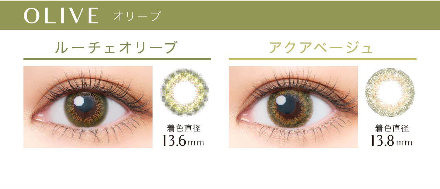 安斉かれんイメージモデルカラコン EverColor 1day LUQUAGE -エバーカラーワンデールクアージュ|OLIVE オリーブ ルーチェオリーブ アクアベージュ 着色直径13.8mm 着色直径13.6mm