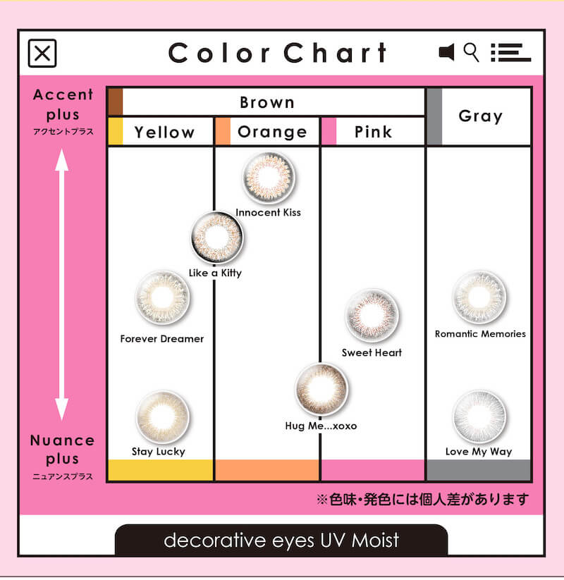 川津明日香イメージモデルカラコン DECORATIVE EYES UV Moist-デコラティブアイズUVモイスト|Color Chart Accent plus アクセントプラス Nuance plus ニュアンスプラス Brown Yellow Orange Pink Gray innocent Kiss Like a Kitty Forever Dreamer Stay Lucky Hug Me...xoxo Sweet Heart Hug Me...xoxo Romantic Memories Love My Way 色味・発色には個人差があります