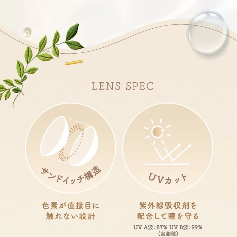 坂巻有紗イメージモデルカラコン unrolla｜LENS SPEC　サンドイッチ構造　色素が直接目に触れない設計　UVカット　紫外線吸収剤を配合して瞳を守る