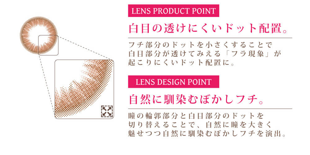 白石真実子イメージモデルカラコン Juicy Drop/ジューシードロップ|LENS PRODAUCT POINT 白目の透けにくいドット配置。 フチ部分のドットを小さくすることで白目部分が透けてみえる「フラ現象」が起こりにくいドット配置に。 LENS DESIGN POINT 自然に馴染むぼかしフチ。 瞳の輪郭部分と白目部分のドットを切り替えることで、自然に瞳を大きく魅せつつ自然に馴染むぼかしフチを演出。