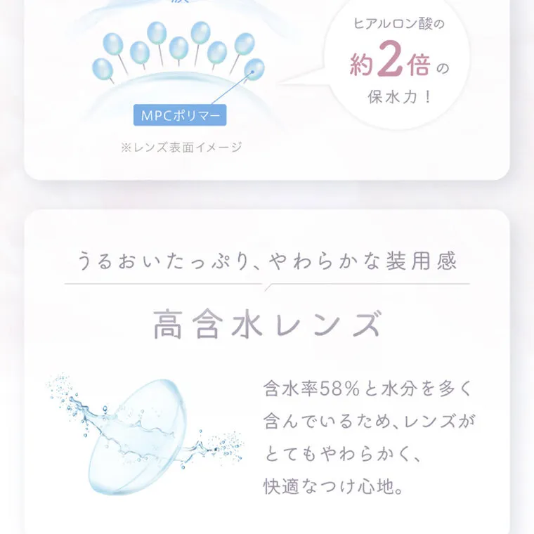中野恵那イメージモデルカラコン kaica｜MPCポリマー※レンズ表面イメージヒアルロン酸の約2倍の保水力!うるおいたっぷり、やわらかな装用感高含水レンズ含水率58%と水分を多く含んでいるため、レンズがとてもやわらかく、快適なつけ心地。