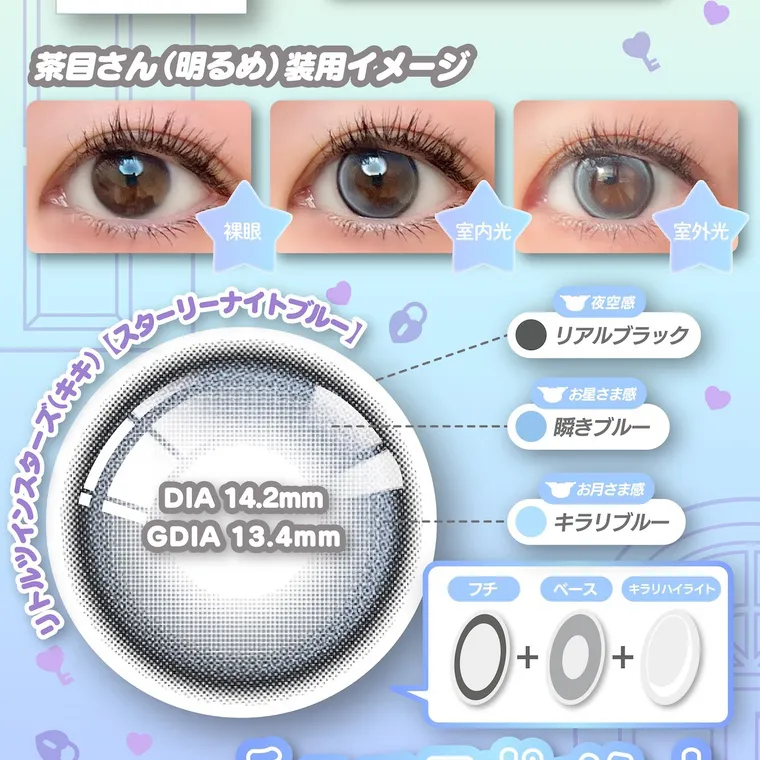 【Knock Knock 1day（ノックノックワンデー）×サンリオ】｜茶目さん(明るめ)装用イメージ リトルツインスターズ（キキ）【スターリーナイトブルー】 DIA 14.2mm GDIA 13.4mm 夜空感 リアルブラック お星さま感 瞬きブルー お月さま感 キラリブルー フチ ベース キラリハイライト