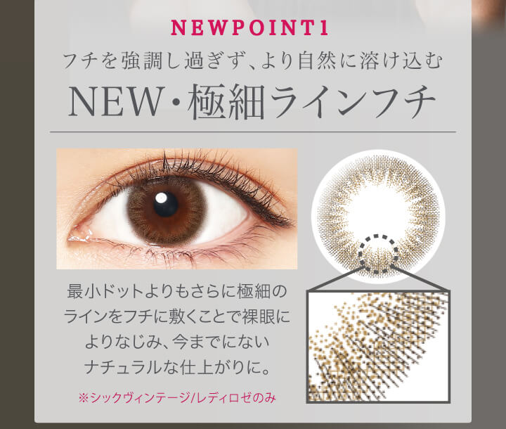 中村アン プロデュースカラコン LALISH-レリッシュ|NEW POINT1 フチを強調しすぎず、より自然に溶け込む NEW・極細エアインフチ 最少ドットよりもさらに極細のラインをフチに敷くことで裸眼によりなじみ、今までにないナチュラルな仕上がりに。 ※シックヴィンテージ/レディロゼのみ