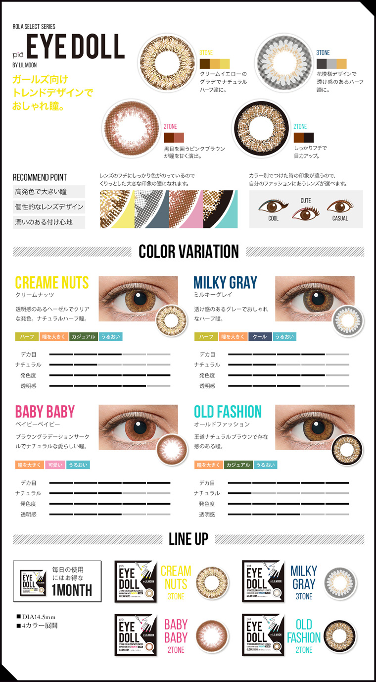 ローラプロデュースカラコン LILMOON -リルムーン|ROLA SELECT SERIES EYEDOLL BY LILMOON ガールズ向けトレンドデザインでおしゃれ瞳。【RECOMMEND POINT】高発色で大きい瞳 個性的なレンズデザイン 潤いのある付け心地。CREAME NUTS:クリームイエローのグラデでナチュラルハーフ瞳に。3TONE,MILKY GRAY:花模様デザインで透け感のあるハーフ瞳に。3TONE,BABY BABY:黒目を囲うピンクブラウンが鐘を甘く演出。2TONE,OLD FASHION:しっかりフチで目力アップ。2TONE【COLOR VARIATION】【CREAME NUTS -クリームナッツ】透明感のあるヘーゼルでクリアな発色。ナチュラルハーフ瞳。ハーフ・瞳を大きく・カジュアル・うるおい【MILKY GRAY -ミルキーグレイ】透け感のあるグレーでおしゃれなハーフ瞳。ハーフ・瞳を大きく・クール・うるおい【BABY BABY -ベイビーベイピー】ブラウングラデーションサークルでナチュラルな愛らしい瞳。瞳を大きく・可愛い・うるおい【OLD FASHION -オールドファッション】王道ナチュラルブラウンで存在感のある瞳。瞳を大きく・カジュアル・うるおい【LINE UP】毎日の使用にはお得な1MONTH DIA14.5mm 4カラー展開 CREAME NUTS・3TONE,MILKY GRAY・3TONE,BABY BABY・2TONE,OLD FASHION・2TONE