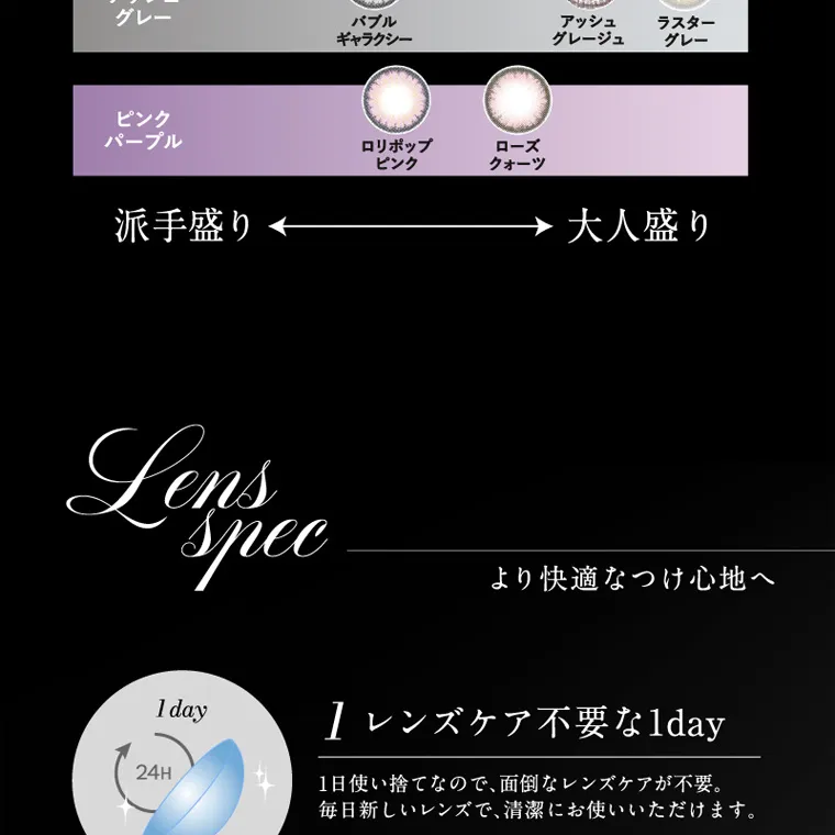 倖田來未プロデュースカラコン loveil -ラヴェール｜lens spec より快適な付け心地へ　１　レンズケア不要な１day　1日使い捨てなので、面倒なレンズケアが不要。毎日新しいレンズで、清潔にお使いいただけます。