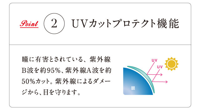 Point2 UVカットプロテクト機能 瞳に有害とされている、紫外線B波を約95%、紫外線A波を約50%カット。紫外線によるダメージから、目を守ります。