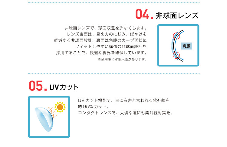 柴咲コウイメージモデル|Luena MAKE -ルーナメイク|04.非球面レンズ:非球面レンズで、球面収差を少なくします。レンズ表面は、見え方のにじみ、ぼやけを軽減する非球面設計、裏面は角膜のカーブ形状にフィットしやすい構造の非球面設計を採用することで、快適な視界を確保しています。※装用感には個人差があります。05.UVカット:UVカット機能で、目に有害と言われる紫外線を約95%カット。コンタクトレンズで、大切な瞳にも紫外線対策を。