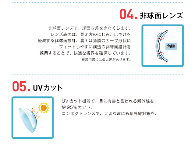 柴咲コウイメージモデル|Luena MAKE -ルーナメイク|04.非球面レンズ:非球面レンズで、球面収差を少なくします。レンズ表面は、見え方のにじみ、ぼやけを軽減する非球面設計、裏面は角膜のカーブ形状にフィットしやすい構造の非球面設計を採用することで、快適な視界を確保しています。※装用感には個人差があります。05.UVカット:UVカット機能で、目に有害と言われる紫外線を約95%カット。コンタクトレンズで、大切な瞳にも紫外線対策を。