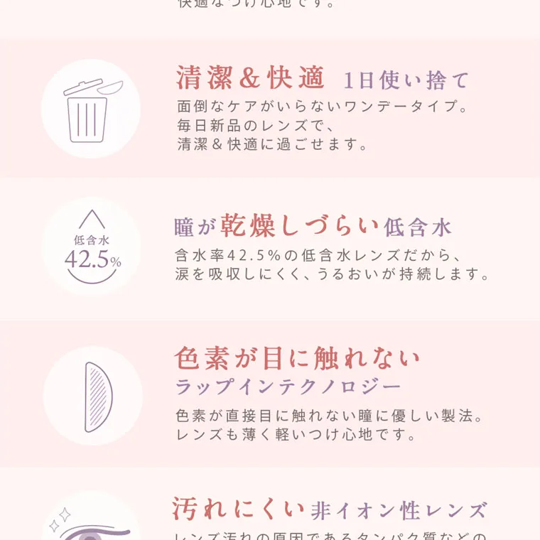 森絵梨佳イメージモデル｜LuMia -ルミア｜清潔&快適 1日使い捨て 面倒なケアがいらないワンデータイプ。 毎日新品のレンズで、 清潔 & 快適に過ごせます。 低含水 42.5% 瞳が乾燥しづらい低含水 含水率42.5%の低含水レンズだから、 涙を吸収しにくく、うるおいが持続します。 色素が目に触れない ラップインテクノロジー 色素が直接目に触れない瞳に優しい製法。 レンズも薄く軽いつけ心地です。 汚れにくい非イオン性
