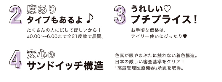 度ありタイプもあるよ♪たくさんの人に試してほしいから!+0.00~-6.00まで全21度数で展開。うれしいプチプライス!お手頃な価格はデイリー使いにぴったり安心のサンドイッチ構造色素が眼やまぶたに触れない着色構造。日本の厳しい審査基準をクリア!「高度管理医療機器」承認を取得。