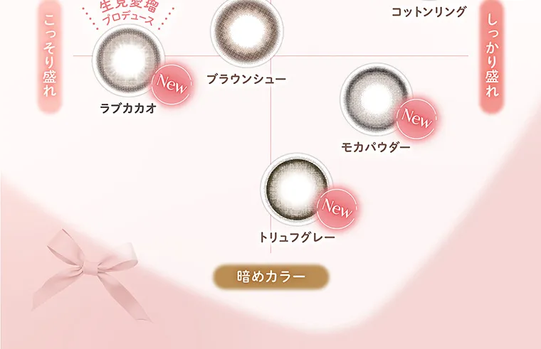 “めるる”こと生見愛瑠イメージモデルカラコン melloew -メロール|こっそり盛れ しっかり盛れ 暗めカラー 生見愛瑠プロデュース New ラブカカオ ブラウンシュー コットンリング New モカパウダー New トリュフグレー